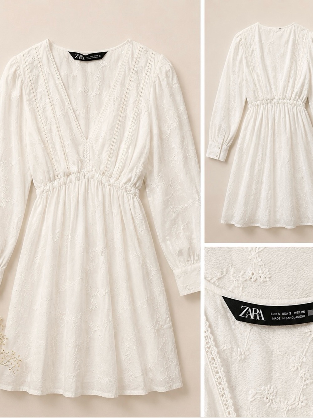 Zara White Long-Sleeve Embroidered V-Neck Dress